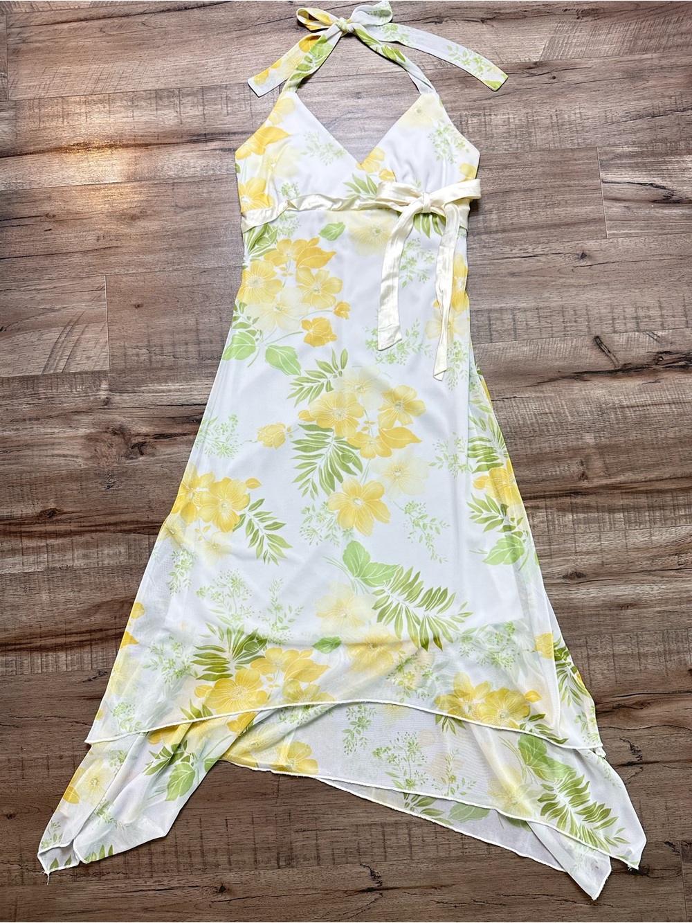 VTG Y2K Mariposa Floral Halter Midi Dress Asymmetrical Handkerchief Hem Fairy S